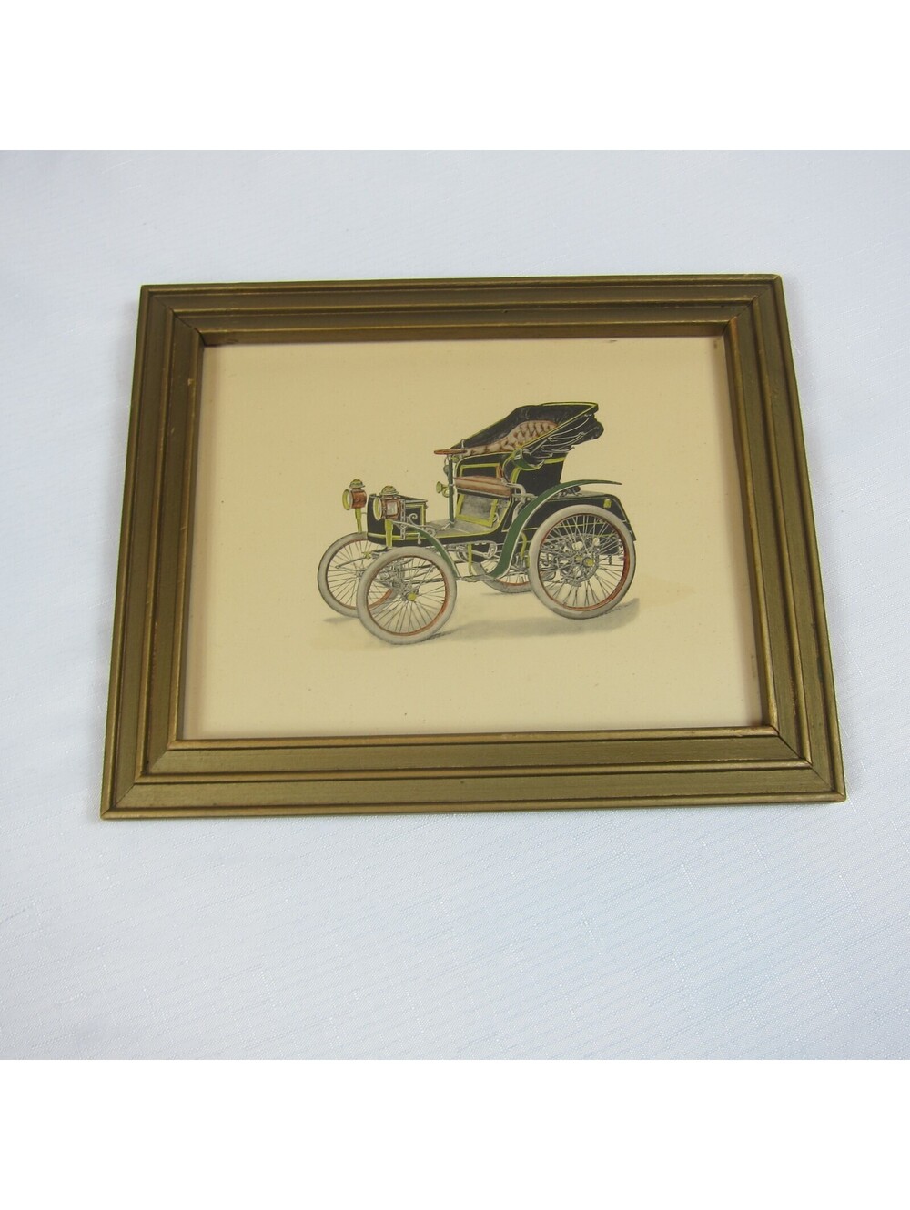 Antique Horseless Buggy Car Automobile Print Framed in Glass Vintage 1970s